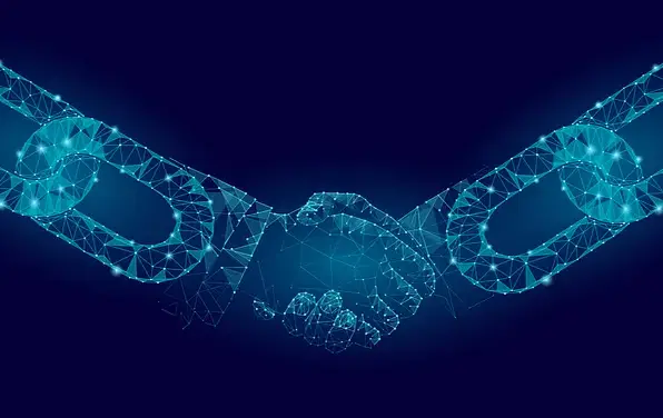 Blockchain handshake representing trust and secure crypto transactions