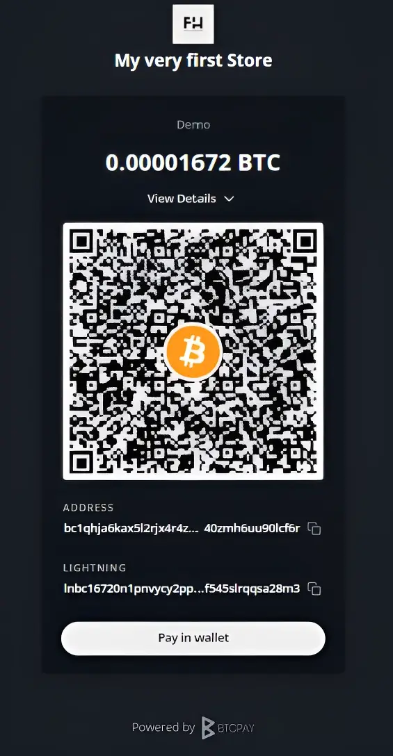 BTCPay Store Bitcoin payment QR code with wallet address